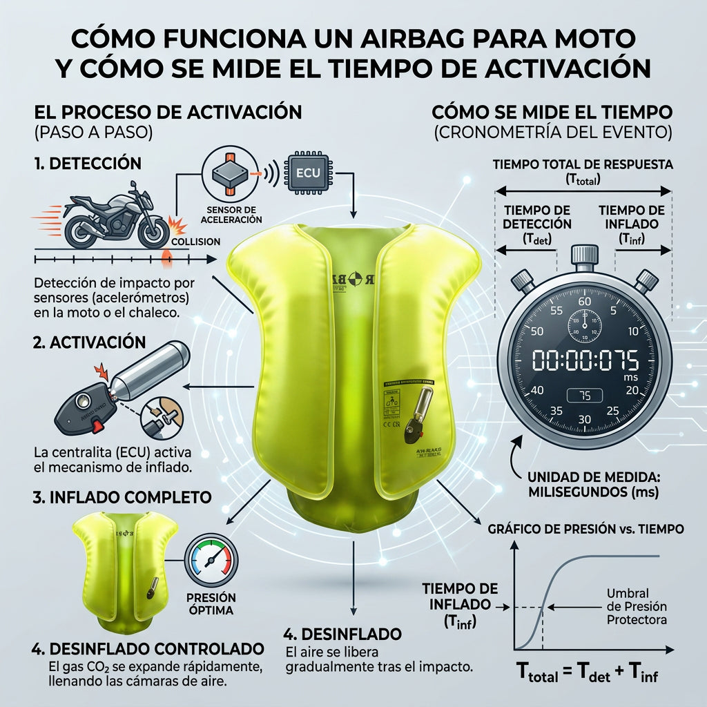 ¿Cómo funciona exactamente un airbag de moto y en cuántos milisegundos se activa?