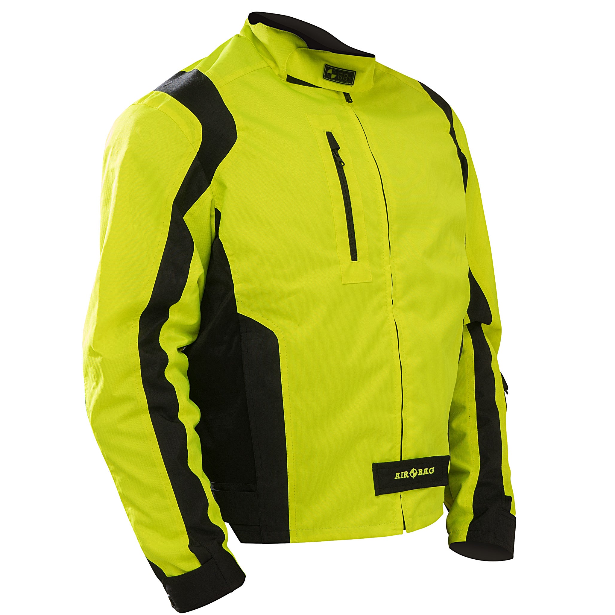 Vista frontal de la chaqueta con airbag para moto URBAN JACKET en versión amarillo flúor de alta visibilidad.