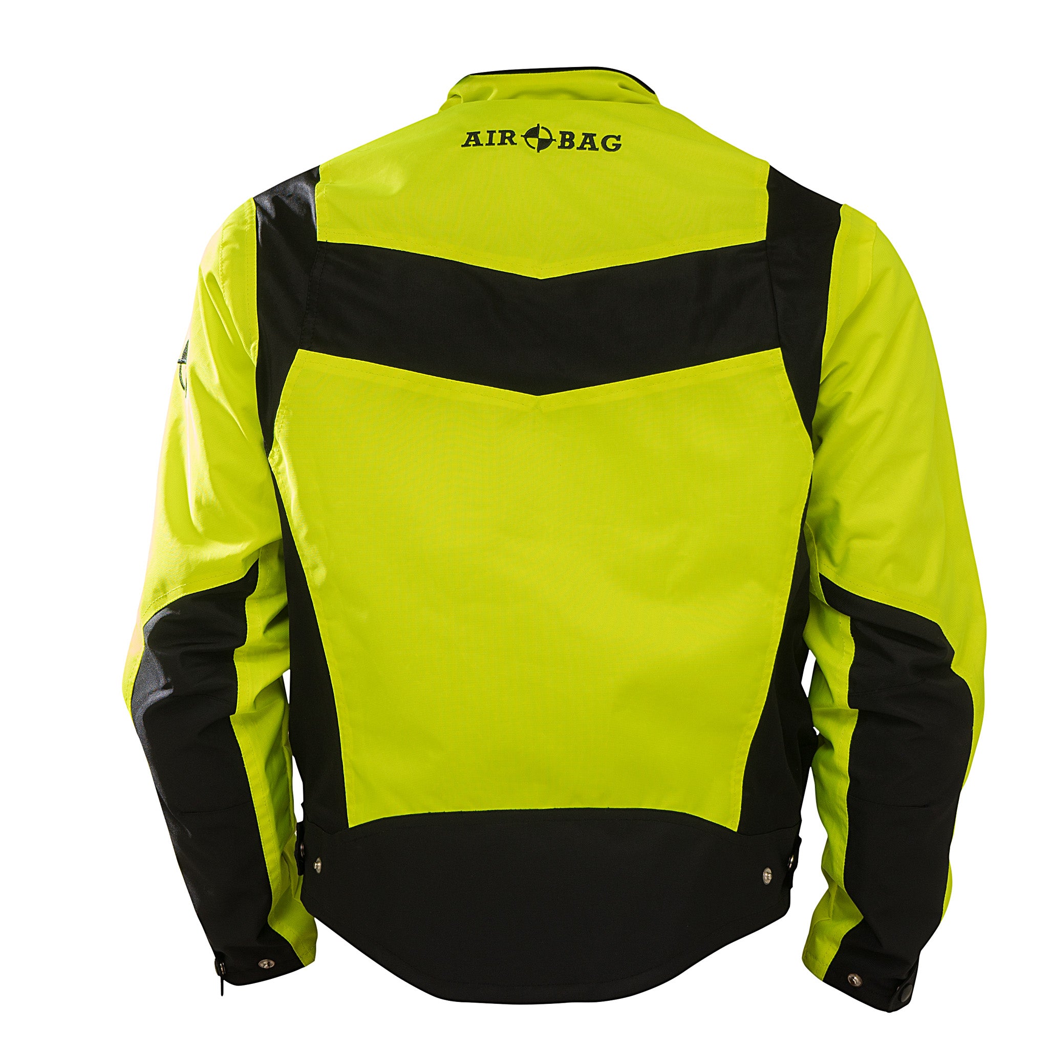 Parte posterior de la chaqueta de moto de alta visibilidad URBAN JACKET mostrando el contraste de seguridad para el tráfico.