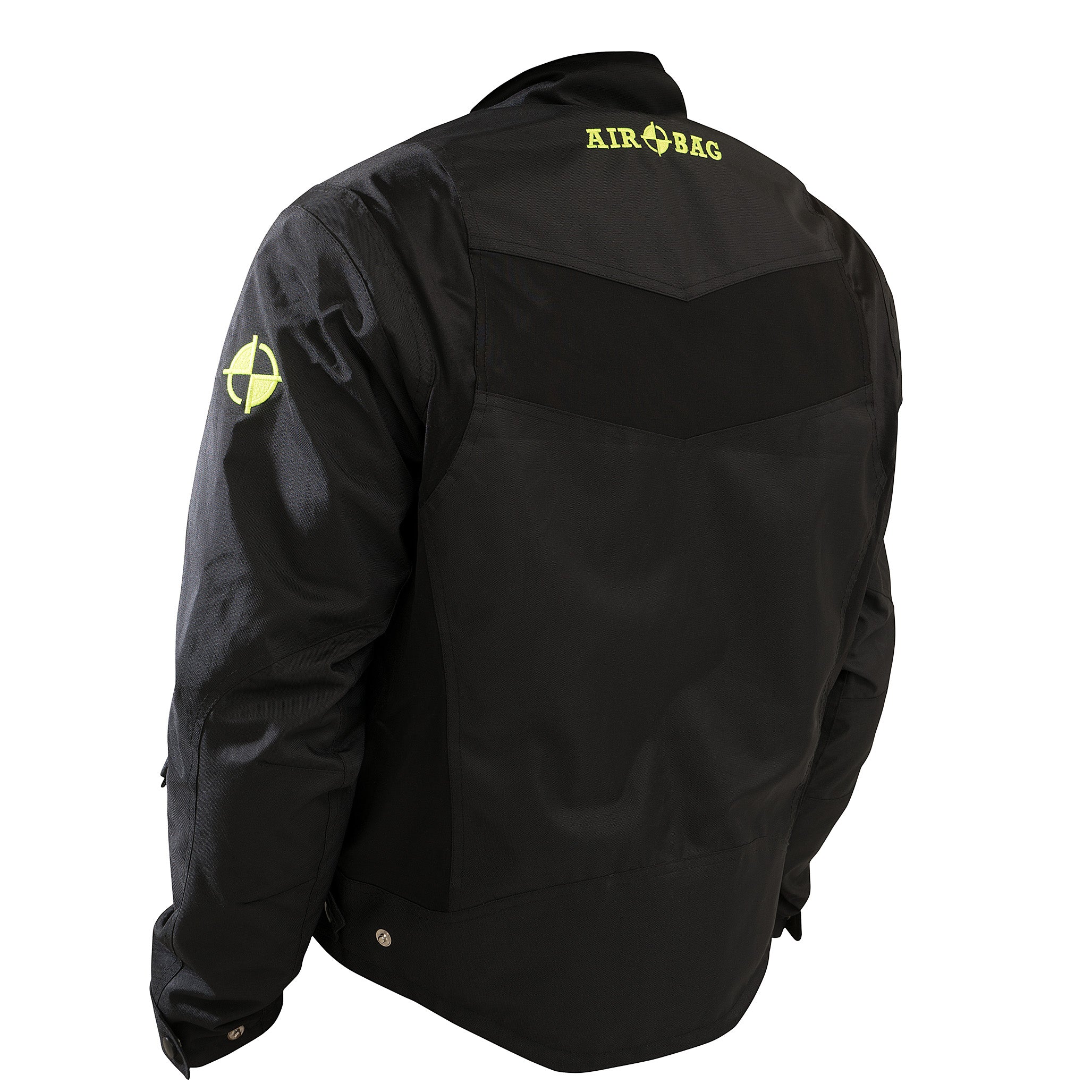 Vista trasera de la chaqueta para moto URBAN JACKET negra mostrando el diseño ergonómico y el logotipo reflectante.