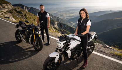 Dos motoristas parados junto a sus motocicletas en una ruta de montaña usando chalecos con airbag LITE VEST de Airobag.